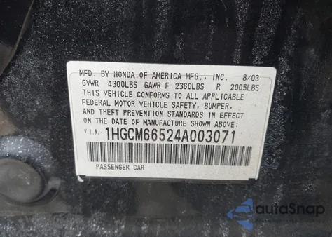 2004 Honda Accord 3.0 Ex z USA, uszkodzony, nr VIN 1HGCM66524A003071